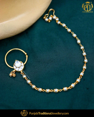 Gold Finished Kundan Without hole Nose Pin with Chain | Punjabi Traditional Jewellery Exclusive